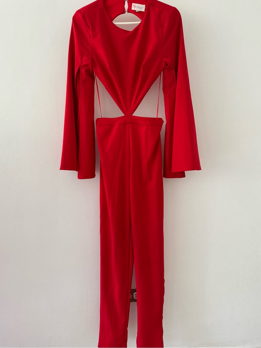 L'ATISTE Red Long-Sleeve Cutout Jumpsuit